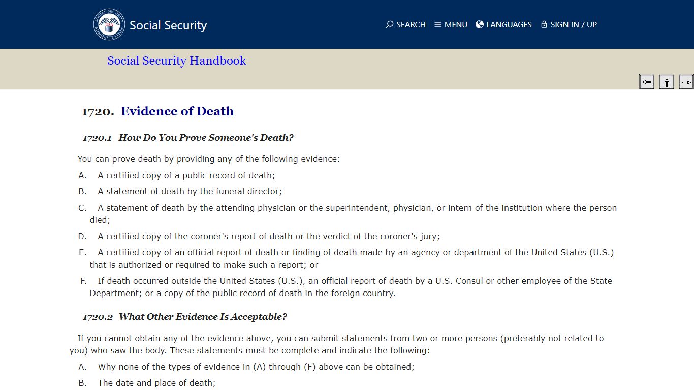 SSA Handbook § 1720 - Social Security Administration